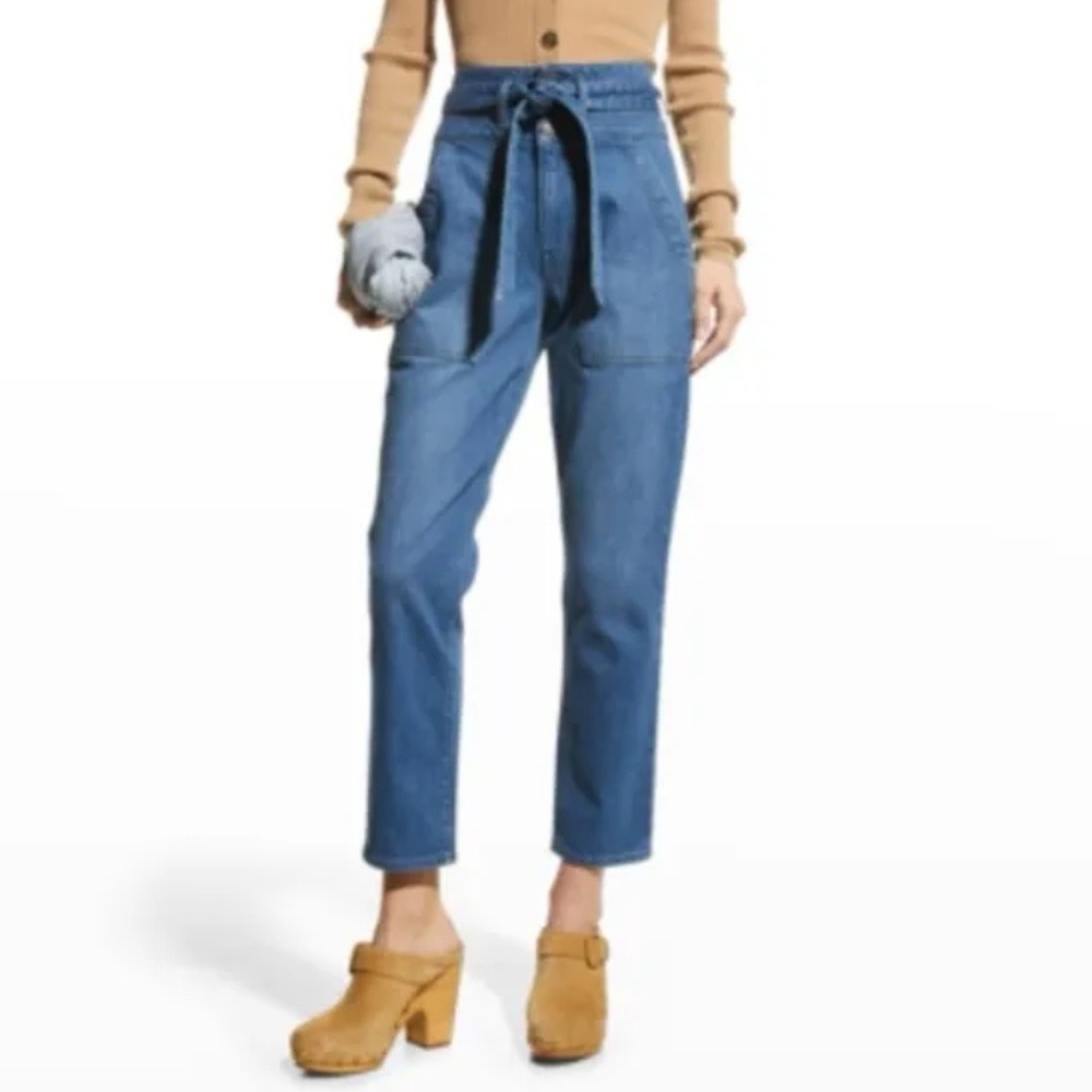 Veronica Beard Logan Slim Straight Extra High Rise Waist Tie Cornflower Jeans 28